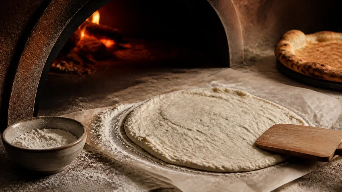 Glutenfri pizzadej formet på bagepapir med mel og træskraber foran en varm pizzaovn