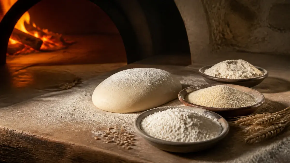 Tre skåle med forskellige pizzameltyper ved siden af en glat dejkugle og et varmt ovnrum