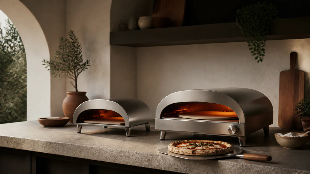 To bordpizzaovne i kompakt og bred størrelse med en færdig pizza på en pizzaspade
