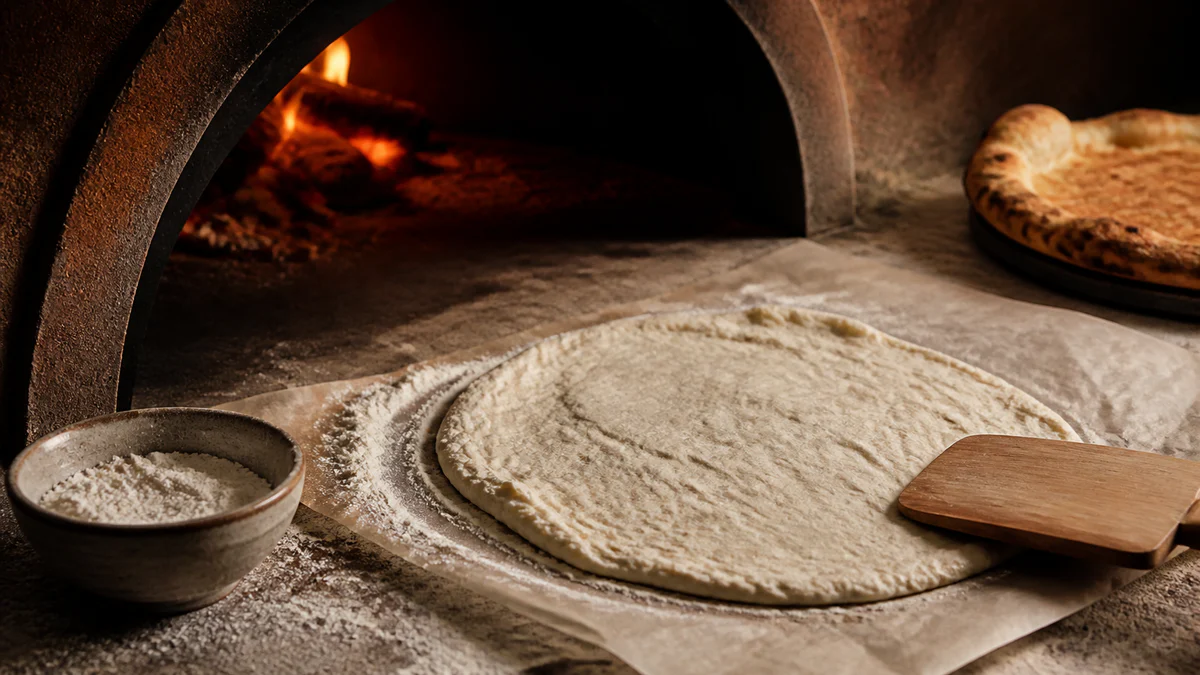 Glutenfri pizzadej formet på bagepapir med mel og træskraber foran en varm pizzaovn