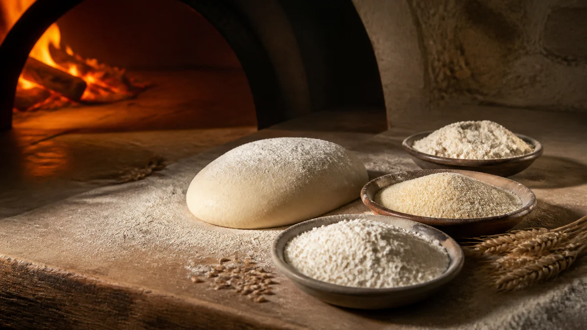 Tre skåle med forskellige pizzameltyper ved siden af en glat dejkugle og et varmt ovnrum
